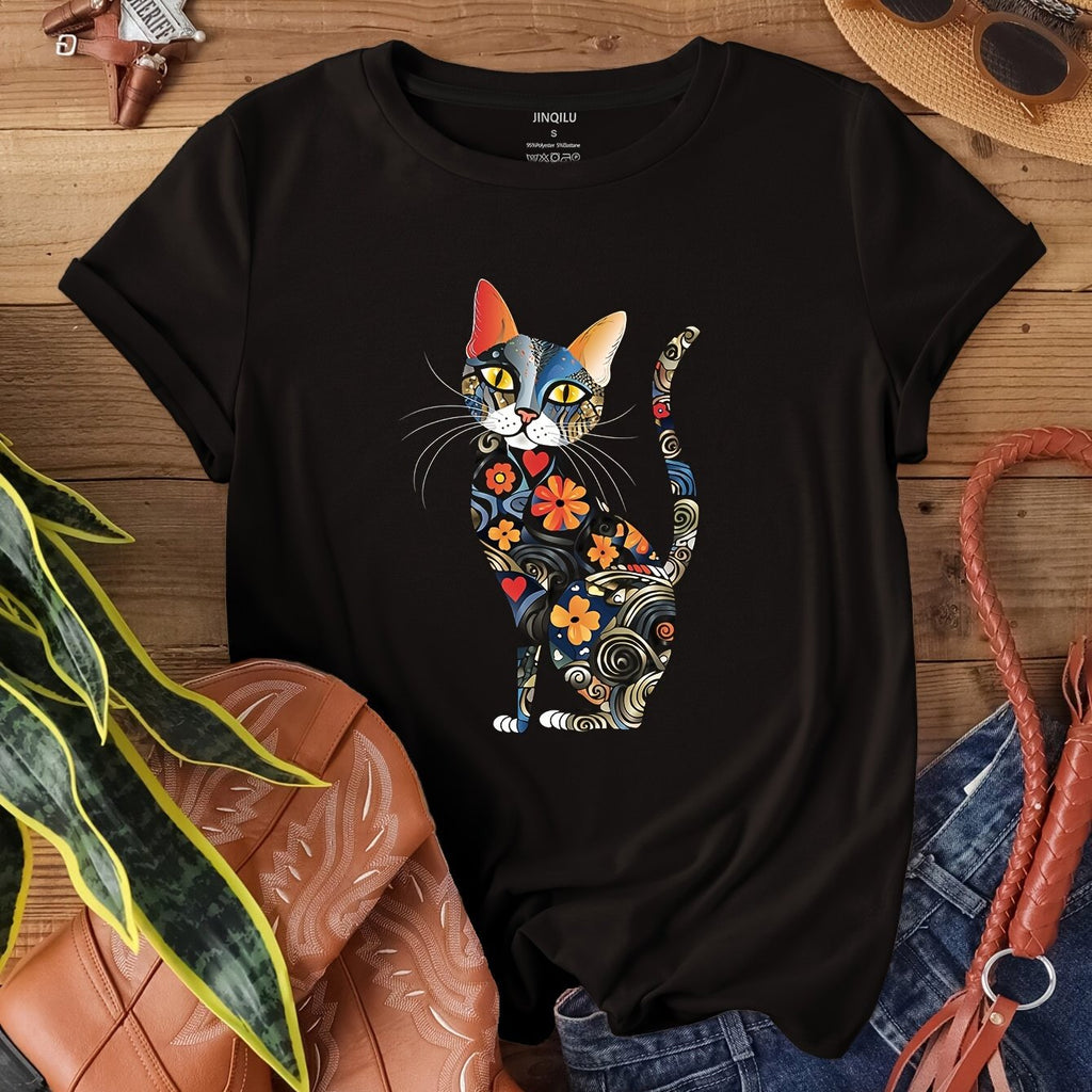 Short Sleeve Cat Print Crew Neck T-Shirt for Women, Casual Spring & Summer Clothing