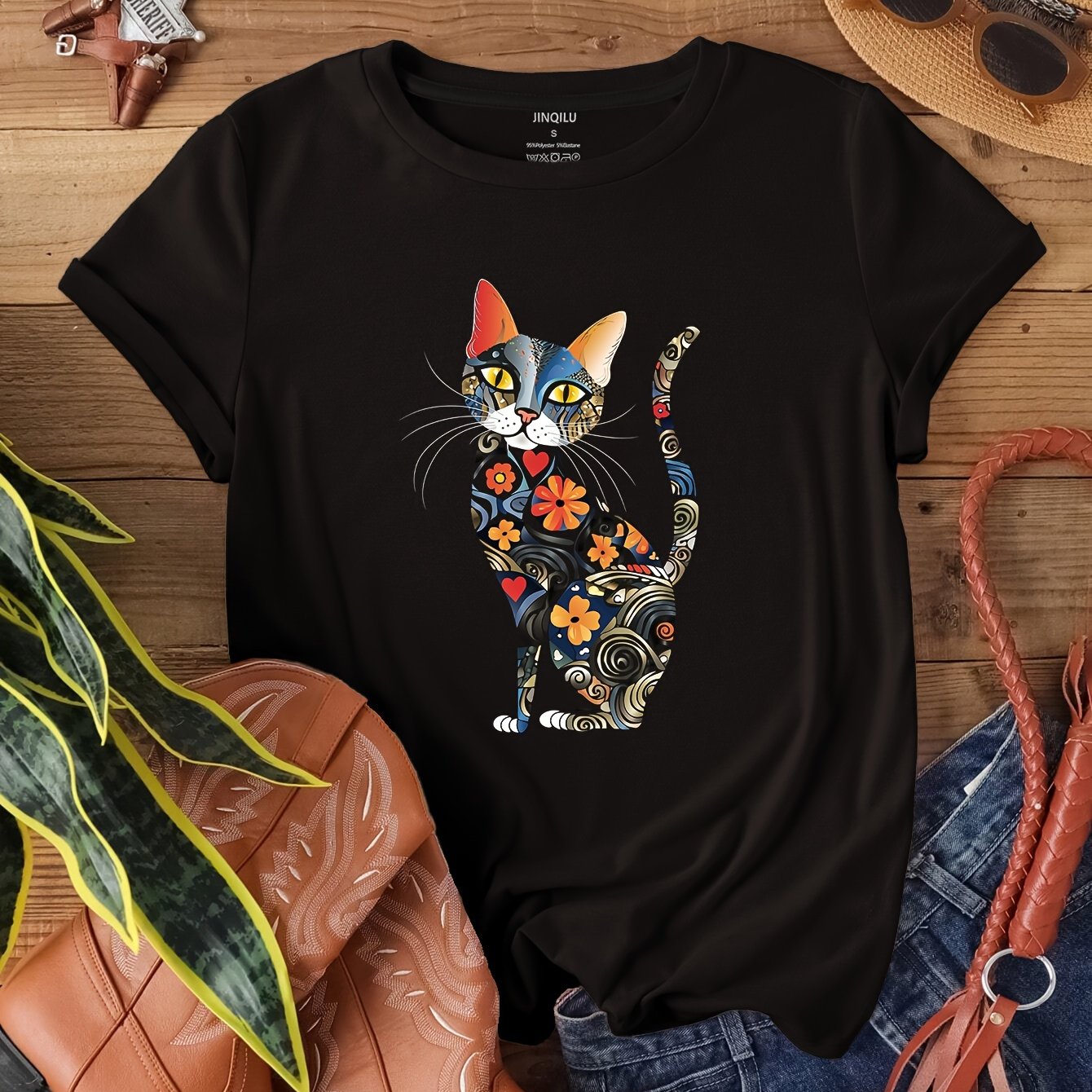 Short Sleeve Cat Print Crew Neck T-Shirt for Women, Casual Spring & Summer Clothing