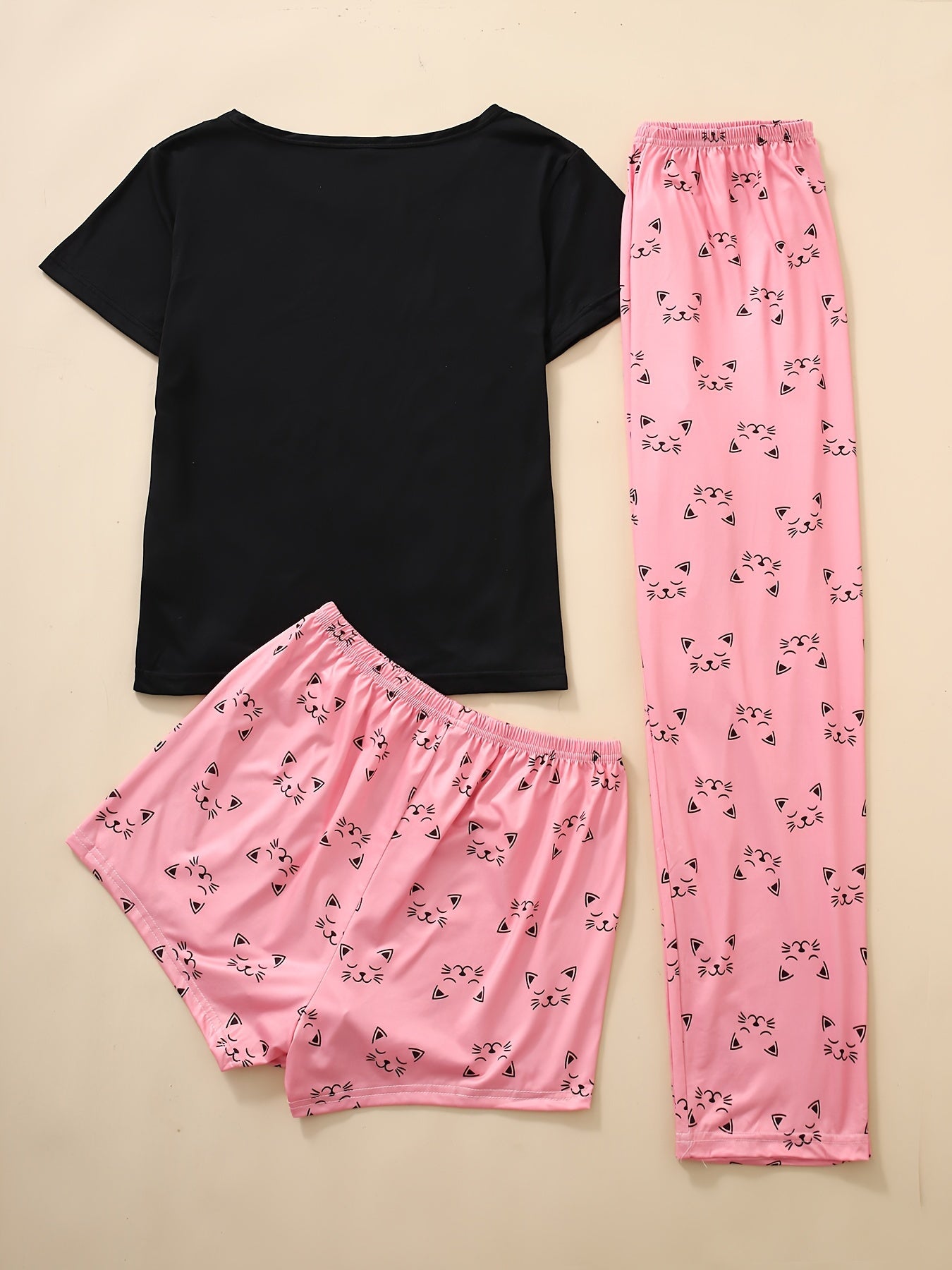 Cute Cat Print Pajama Set, Short Sleeve Crew Neck Top & Shorts & Pants, Women's Sleepwear & Loungewear