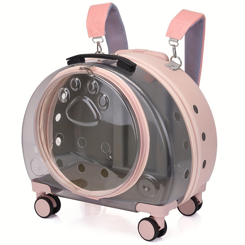 Large Capacity Transparent Pet Carrier with Wheels - Astronaut Capsule Backpack for Dogs & Cats, Portable Pull Rod Design
