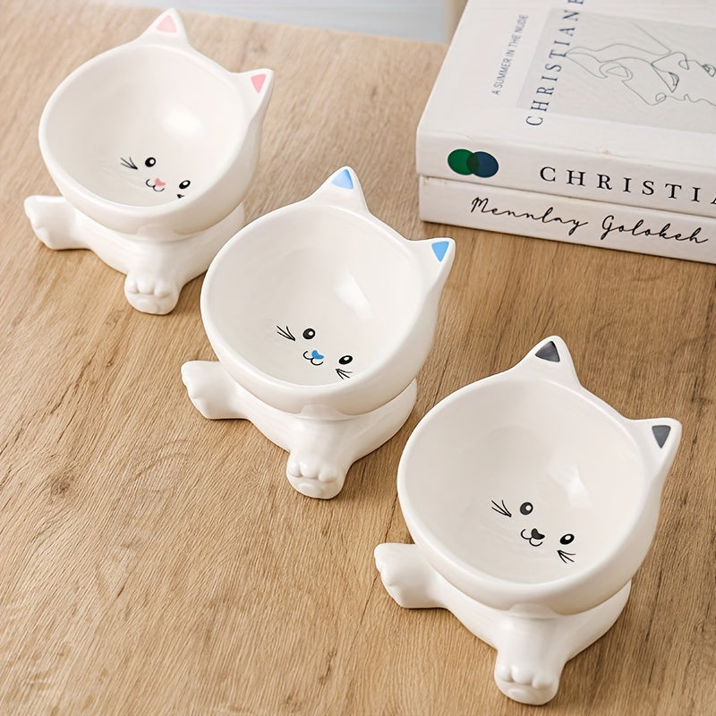 Adorable Cartoon Cat Ceramic Bowl - Elevated, Anti-Spill & Neck Supportive - Tilted Design for Healthy Feeding, Ideal Cat Water Dish