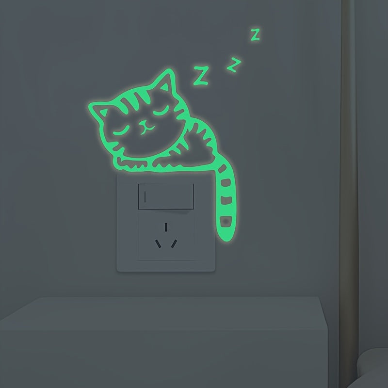 Removable Glow-in-the-Dark Cat Wall Stickers Compatible for Switches & Outlets - Cute Kitten Vinyl Decals with Night Glow, Peel & Stick for Switch Plates in Rooms,, Living Room Decor (No Residue)