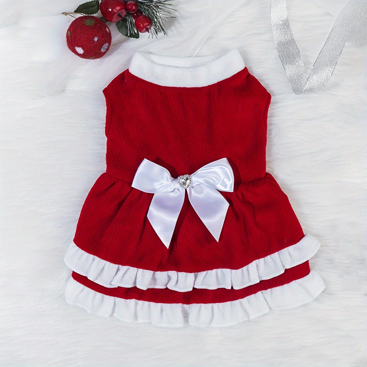 1pc Pet Cute Cake Dress, Warm Fleece Dog Cat Dress, Kitten Bow Skirt, Pet Autumn And Winter Costume For Christmas Party