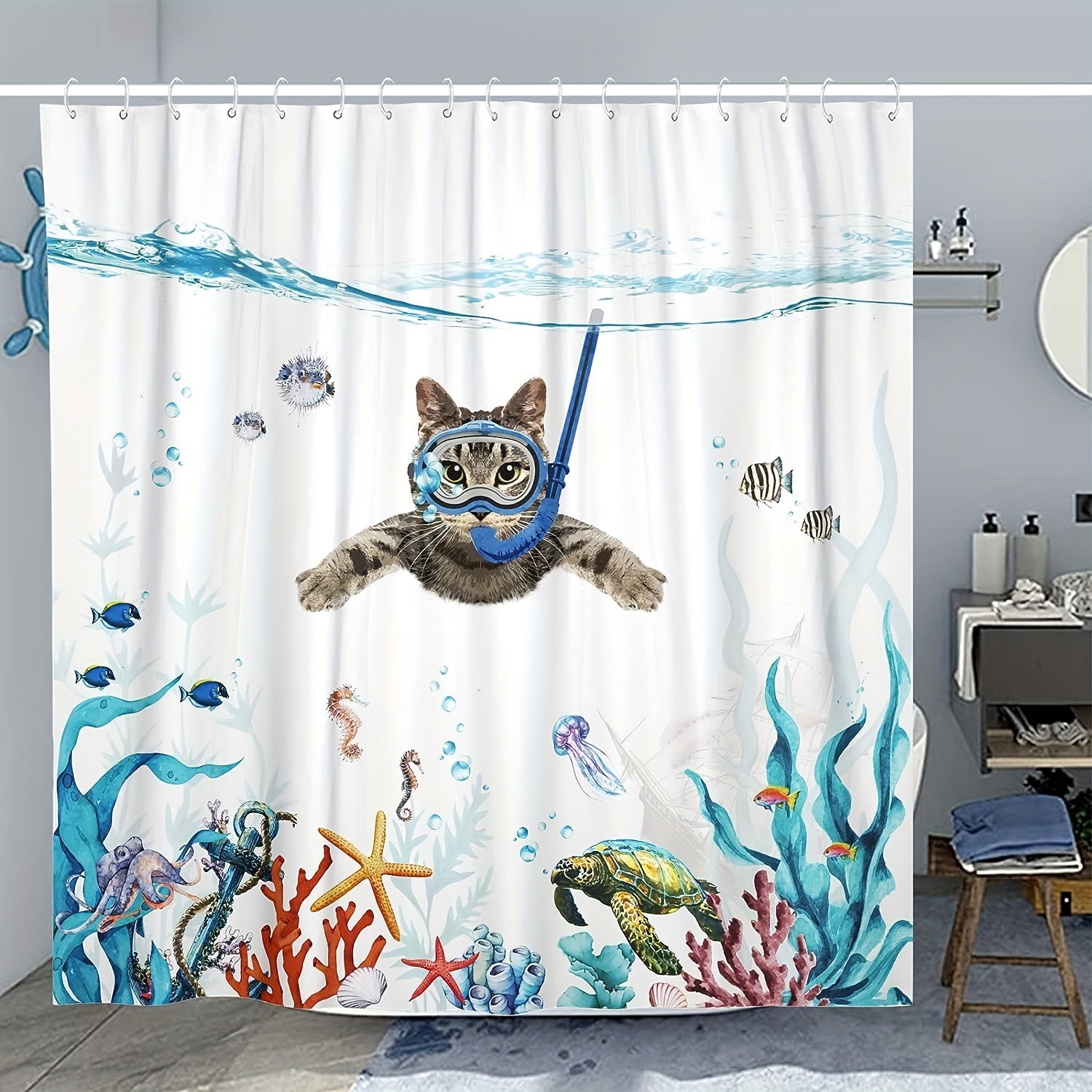 1pc Funny Cat Shower Curtain - Teal Blue Sea Ocean Waterproof Fabric Shower Curtains, Animal Octopus Starfish Turtle Anchor Fish Nautical Bathroom Curtain - For Bathroom Decor - Suitable for All Bathroom Sizes - Perfect Gift