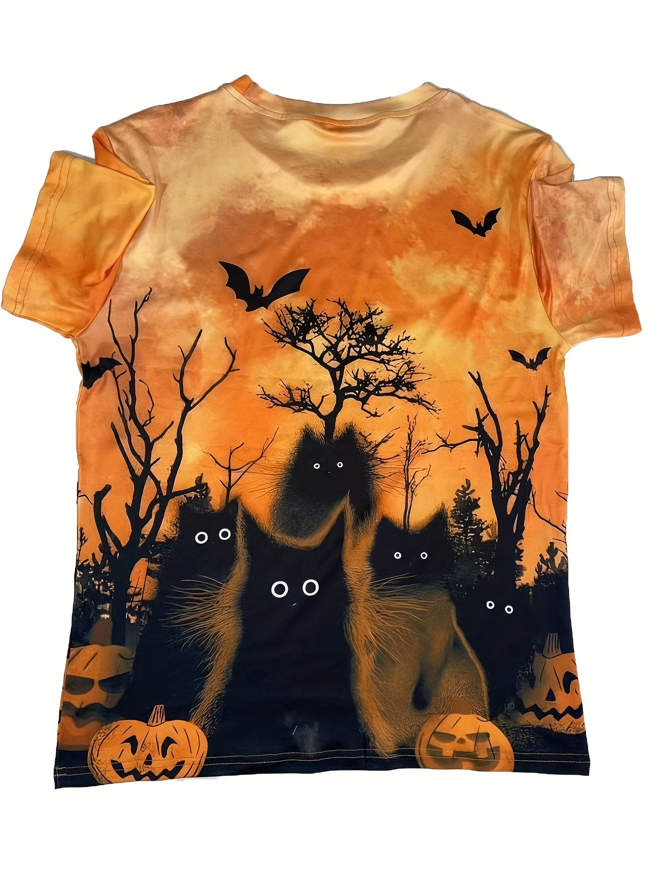 Short Sleeve Halloween Cat Print Crew Neck T-Shirt for Women, Casual Spring & Summer Top