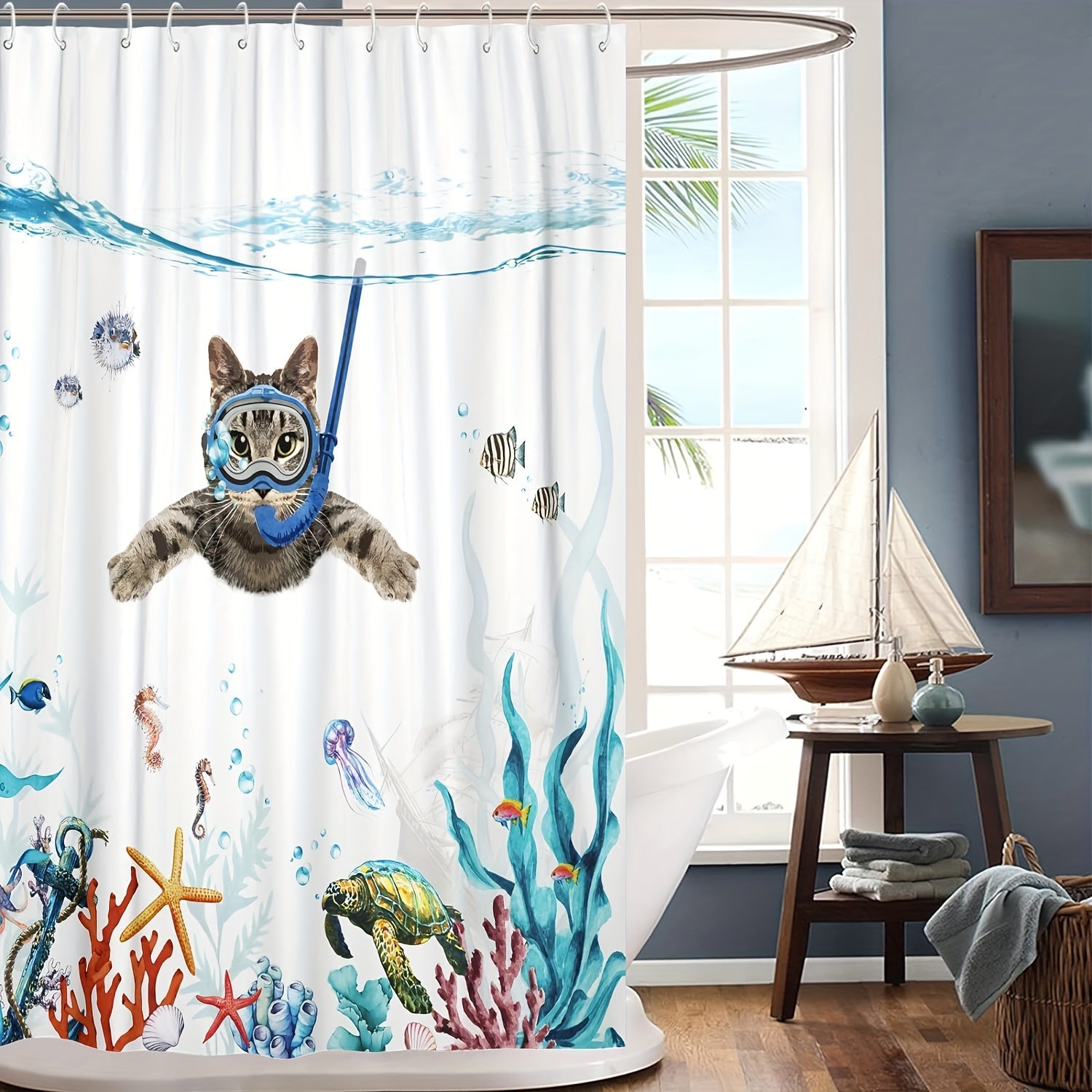 1pc Funny Cat Shower Curtain - Teal Blue Sea Ocean Waterproof Fabric Shower Curtains, Animal Octopus Starfish Turtle Anchor Fish Nautical Bathroom Curtain - For Bathroom Decor - Suitable for All Bathroom Sizes - Perfect Gift