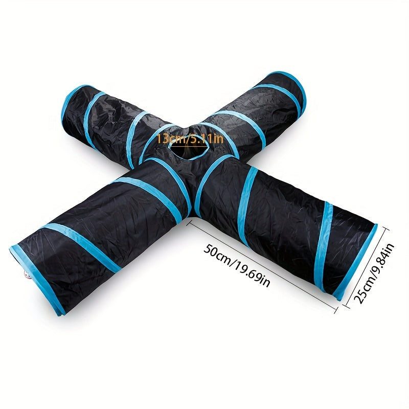 Large Collapsible Cat Tunnel with Play Ball & Interactive Peek Holes - Multi-Level Tunnel System for Indoor Cats, Kittens, Small Dogs - Heavy-Duty Tube with Blue Piping, Portable Hideout for Play & (Easy Assembly