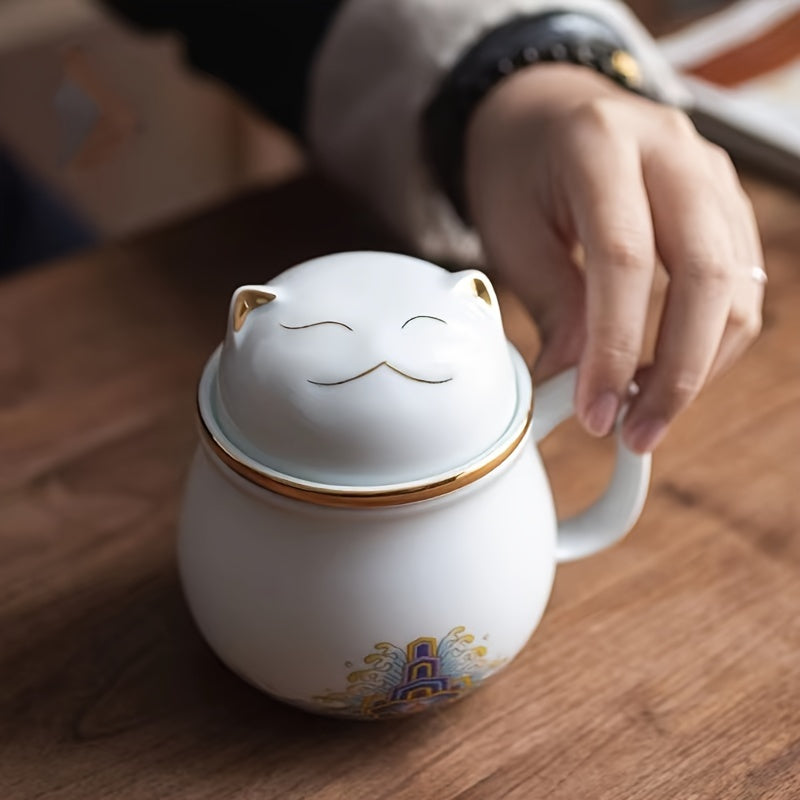 1pc Whimsical Chinese Style Lucky Cat Ceramic Tea Mug - Infused with Tea Infuser and Lid, Perfect for Summer and Winter Drinks, Unique Birthday, Holiday, Christmas, and New Year Gift Idea