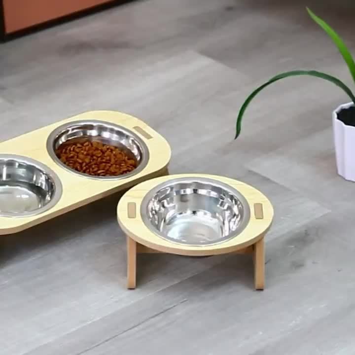 Elevated Cat Inclined Food Bowl Water Bowl With Wooden Stand For Cervical Spine Protection, Detachable Stainless Steel Pet Feeding Basin For Cats