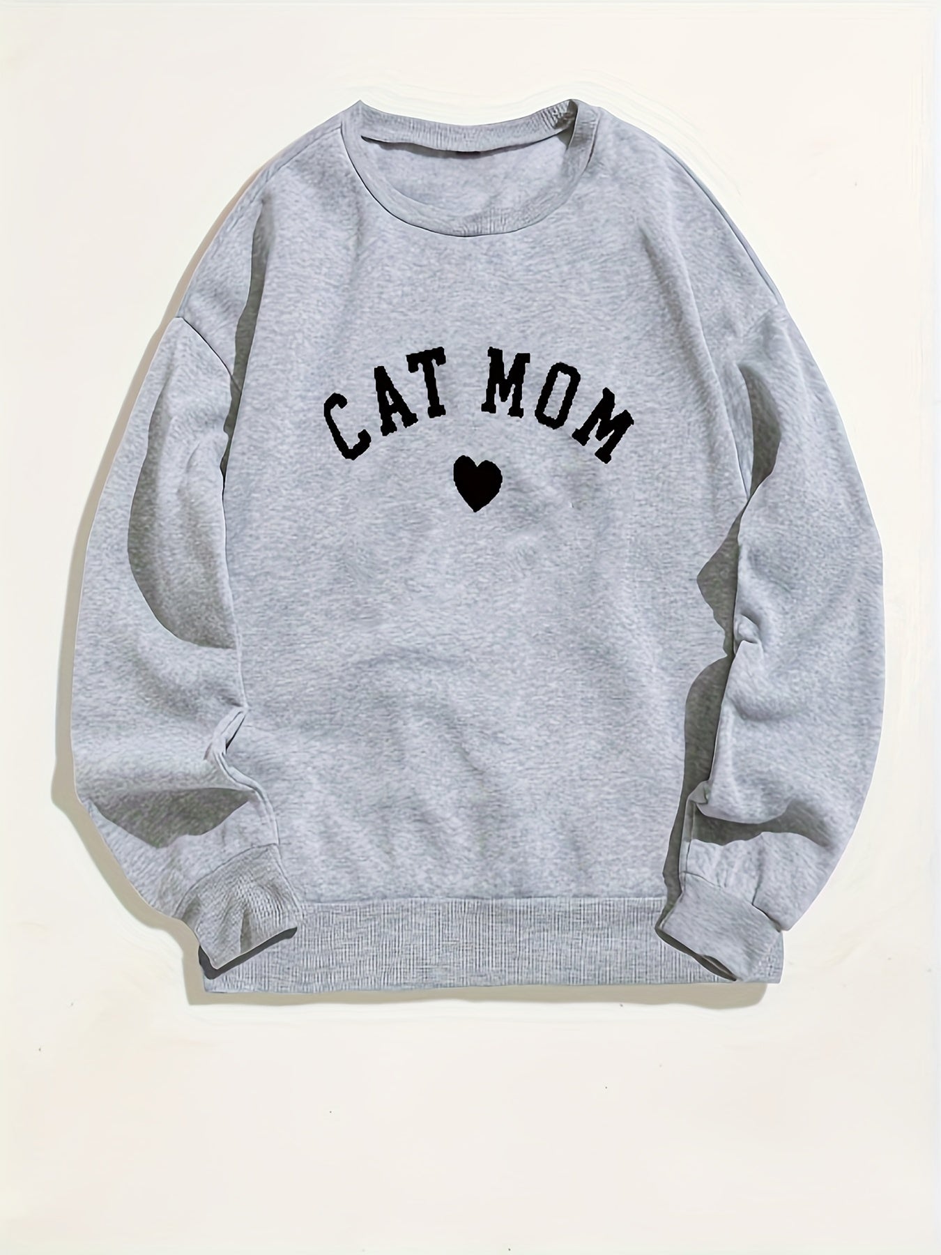 Cat Mom & Heart Print Sweatshirt, Casual Long Sleeve Crew Neck Sweatshirt For Spring & Fall, Women's Clothing