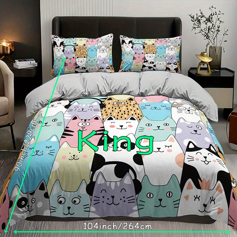 3pcs Fashion Duvet Cover Set, Cute Cartoon Cat Print Bedding Set, Soft Comfortable Breathable Duvet Cover, For Bedroom Guest Room Decor (1*Duvet Cover + 2*Pillowcase, Without Core)