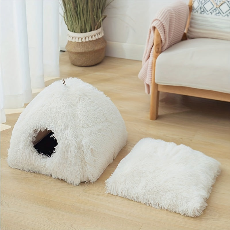 Long Plush Cozy Cat Cave Bed - Soft Polyester Pet House with Non-Slip Bottom, Removable Washable Pads & Arched Entrance Tunnel for Warmth & Comfort, Cute Hideout for Kittens & Cats, Pet Relaxation Space | Cute Cat Cave | Fluf