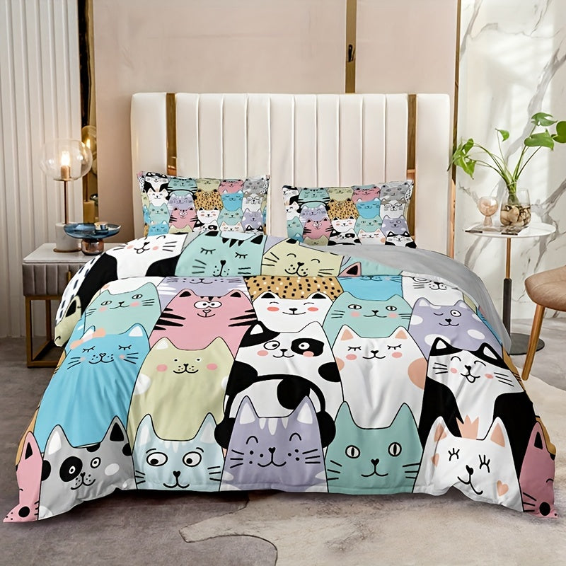 3pcs Fashion Duvet Cover Set, Cute Cartoon Cat Print Bedding Set, Soft Comfortable Breathable Duvet Cover, For Bedroom Guest Room Decor (1*Duvet Cover + 2*Pillowcase, Without Core)