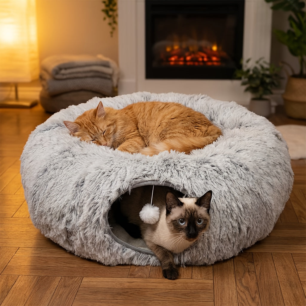 Plush 2in1 Cat Tunnel Bed | Winter Warm Donut-Style Cozy Nest with Enclosed Hideaway, Peekaboo Hole & Hanging Pom Pom Toy, Extra Thick Soft Pet Bed for Anxiety Relief and Deep Sleep, Non Slip Bottom, Perfect for Multi Cat Pla