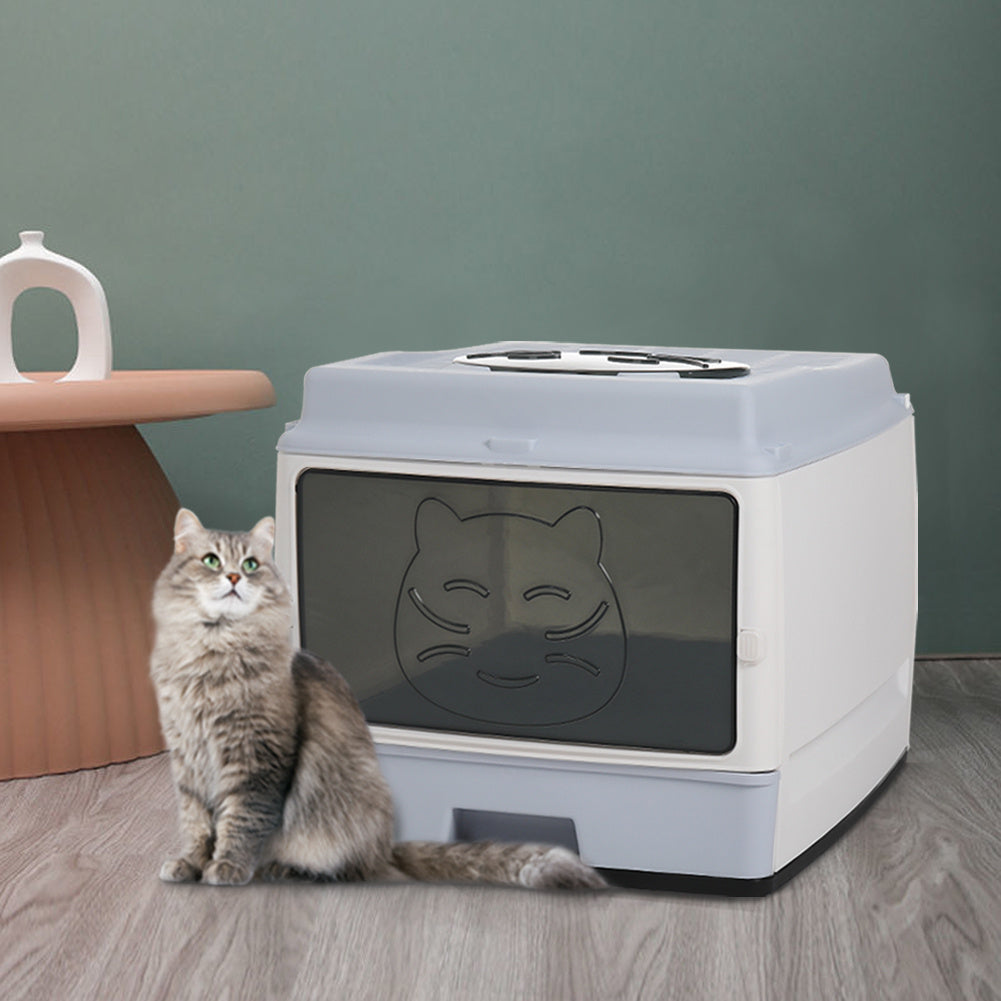 Kitten Litter Tray with Cat Hair Brush Storage Design, Cat Litter Box, Hooded Cat Litter Tray with Lid, Cat Litter Box with Drawer Pan and Scoop, L51×W39×H38cm, Grey