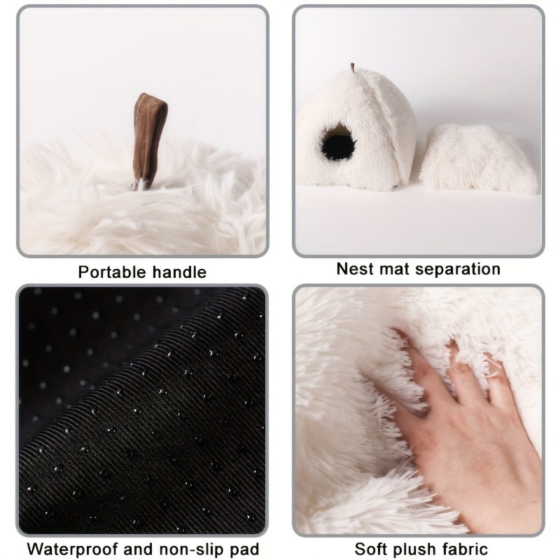 Long Plush Cozy Cat Cave Bed - Soft Polyester Pet House with Non-Slip Bottom, Removable Washable Pads & Arched Entrance Tunnel for Warmth & Comfort, Cute Hideout for Kittens & Cats, Pet Relaxation Space | Cute Cat Cave | Fluf
