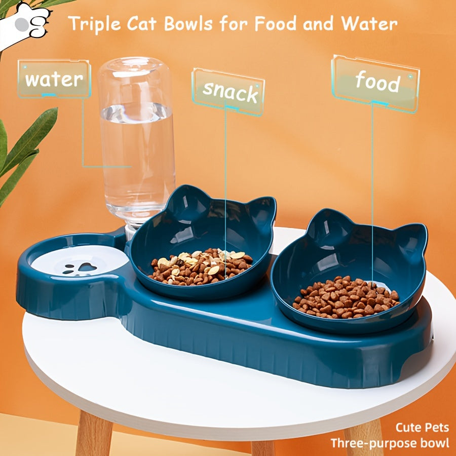 3-in-1 Pet Feeder with Automatic Water Bottle, Dual Bowl, Tilted & Rotatable Design - Plastic Feeding & Watering Supplies for Cats, Dogs, and Rabbits