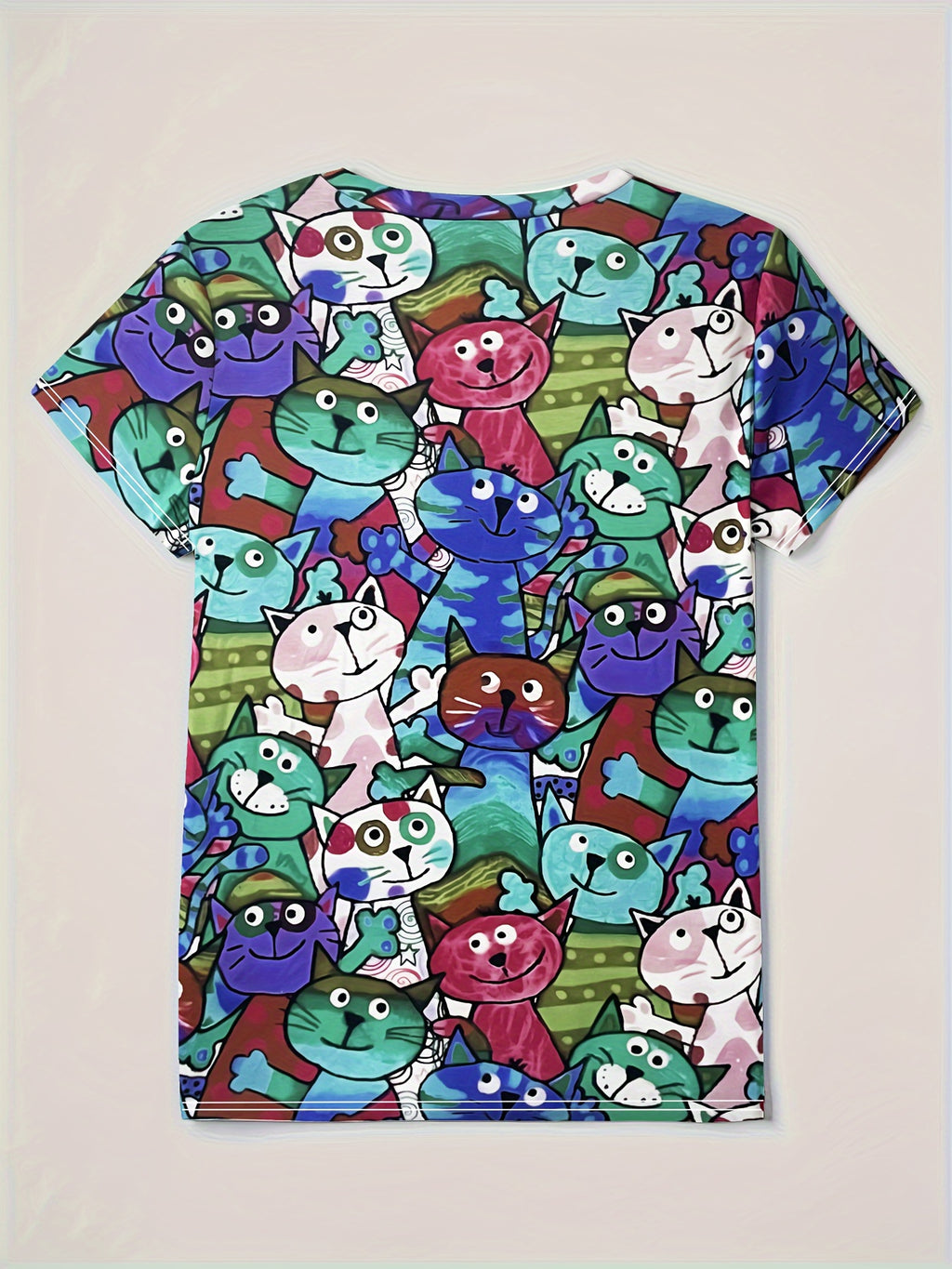 Cartoon Cat Print T-shirt, Short Sleeve Casual Tee For Summer & Spring, Women's Clothing