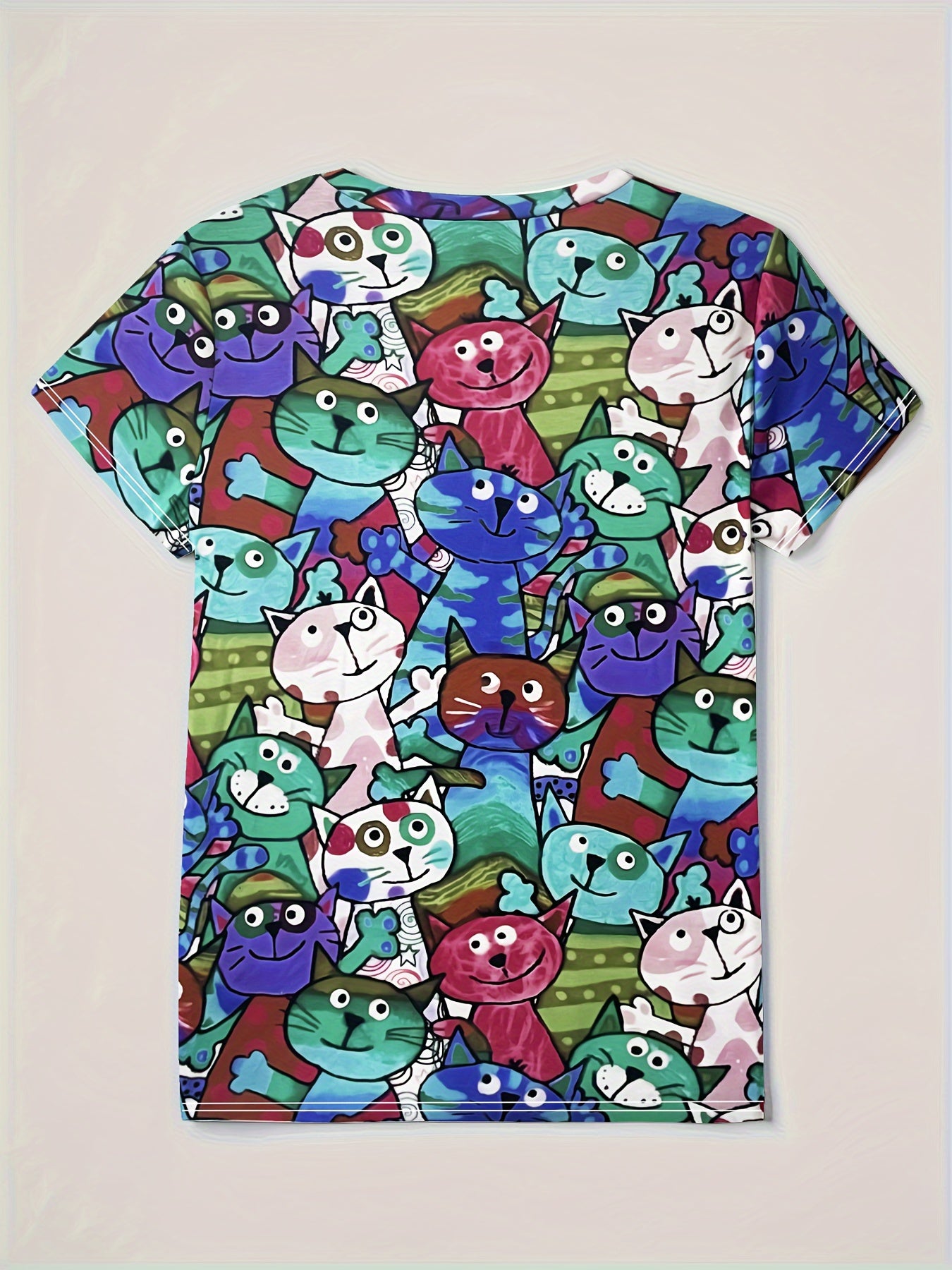 Cartoon Cat Print T-shirt, Short Sleeve Casual Tee For Summer & Spring, Women's Clothing