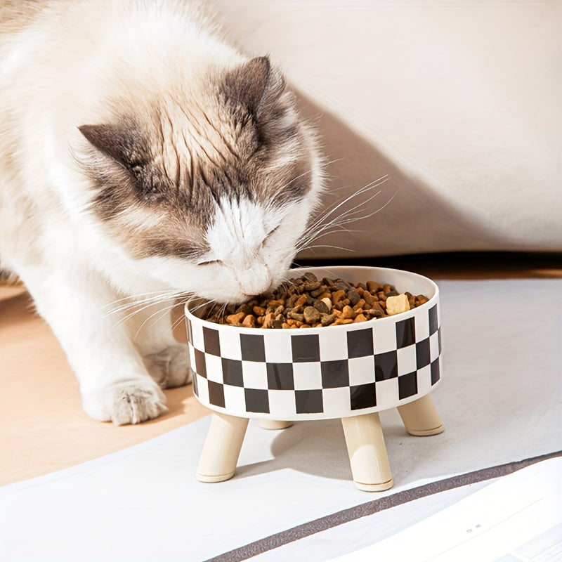 Elevated Whisker Delight Cat Bowl - Vibrant Graphic Pattern, Sturdy Wooden Stand, Easy-to-Clean, Raised Design - Perfect for Indoor Feline Friends, Spacious Feeder Bowl, Convenient Water Basin