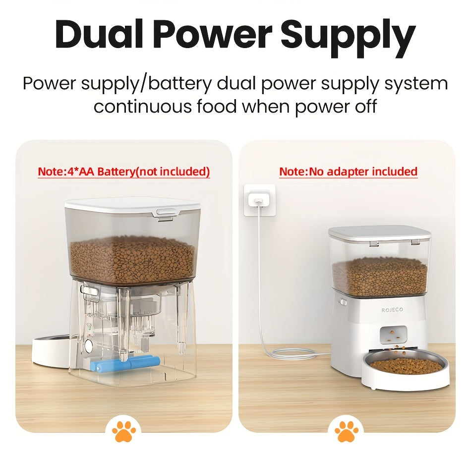 ROJECO Automatic Cat Feeder, 2L/68oz WiFi Automatic Cat Food Dispenser With App Control, Timed Cat Feeder With Stainless Steel Bowl & Dual Power Supply, 1-6 Meals, No Adapter Included