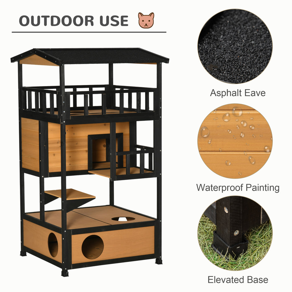 Wooden Outdoor Cat House 3-Tier for Winter Kitten Shelter Lodge w/ Tilted Roof Terrace Jump Step Bottom Tray Elevated Base Waterproof Paint