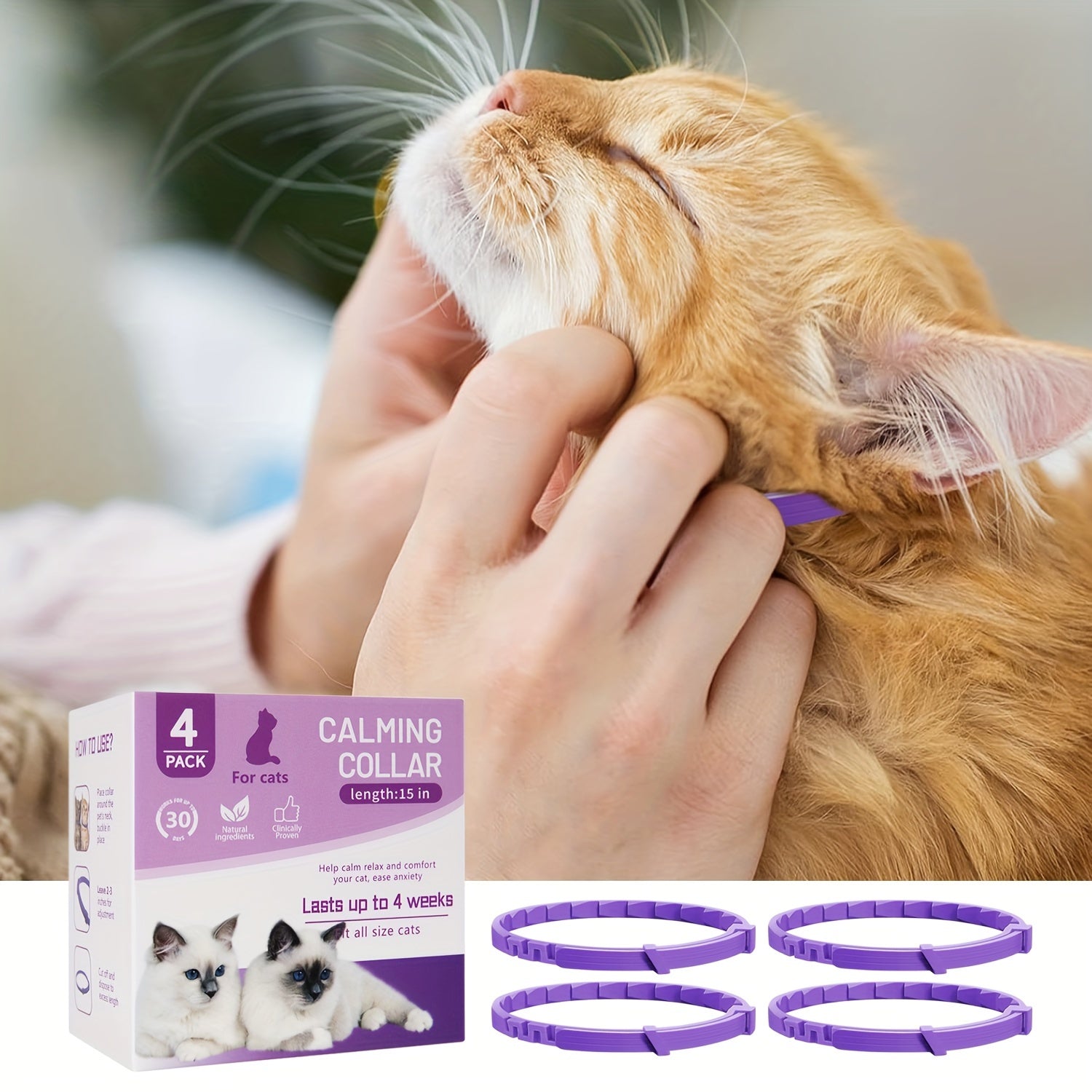 4pcs Calming Pheromone Cat Collars - Adjustable Breakaway Design, Relax for Cats & Kittens, Purple, 50g, Lasts Up to Weeks, Ideal for Small, Medium, Large Cats