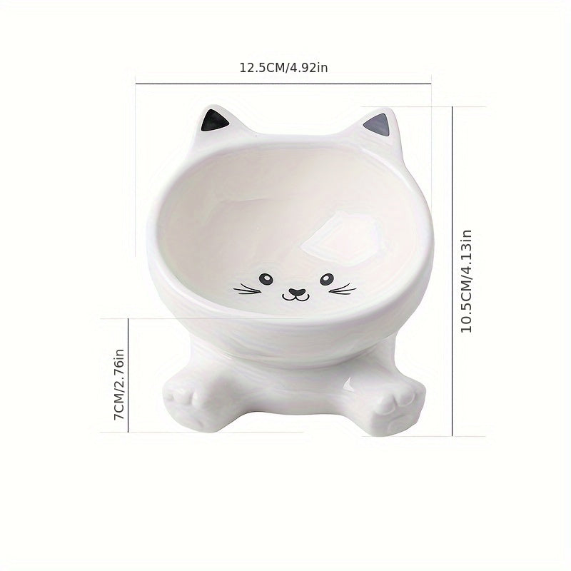 Adorable Cartoon Cat Ceramic Bowl - Elevated, Anti-Spill & Neck Supportive - Tilted Design for Healthy Feeding, Ideal Cat Water Dish