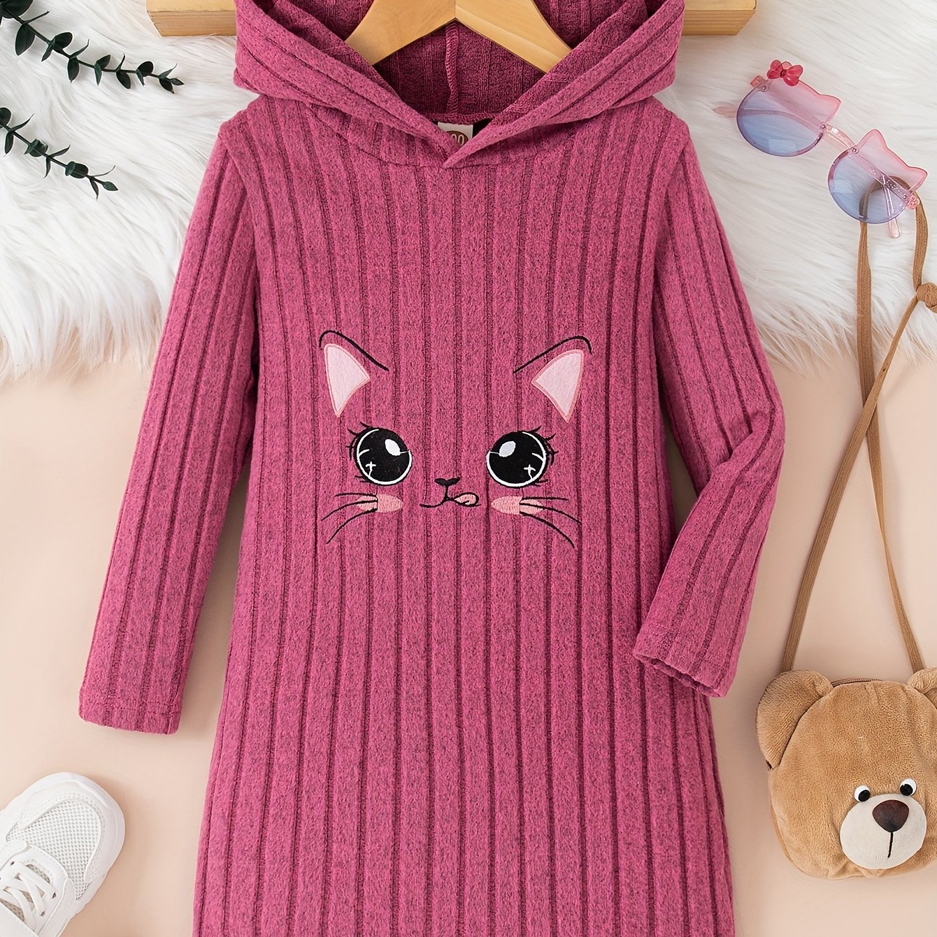 Girls Cat Pattern Knitted Long Sleeve Hooded Dress For Spring Fall Outdoor Activities