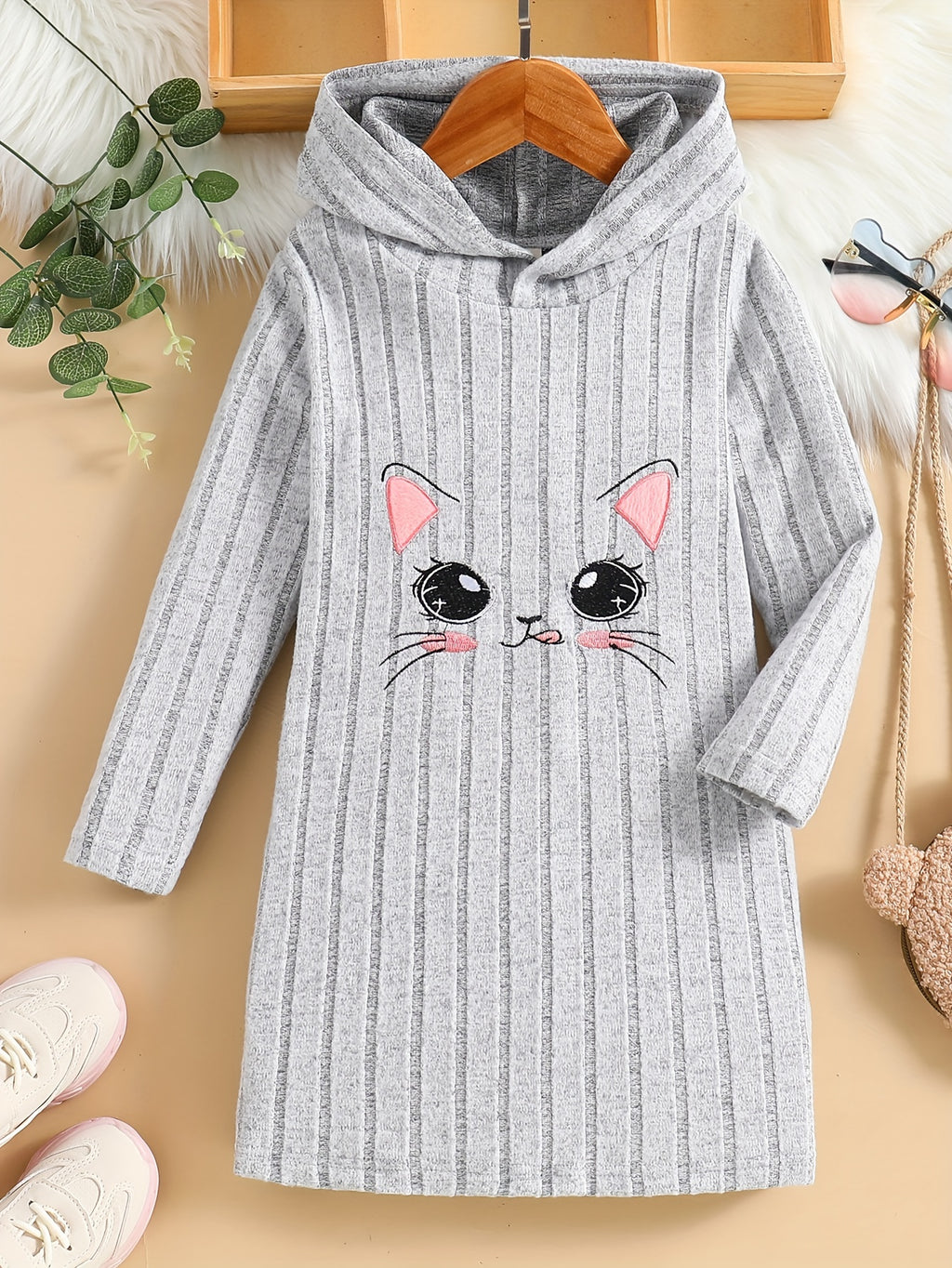 Girls Cat Pattern Knitted Long Sleeve Hooded Dress For Spring Fall Outdoor Activities