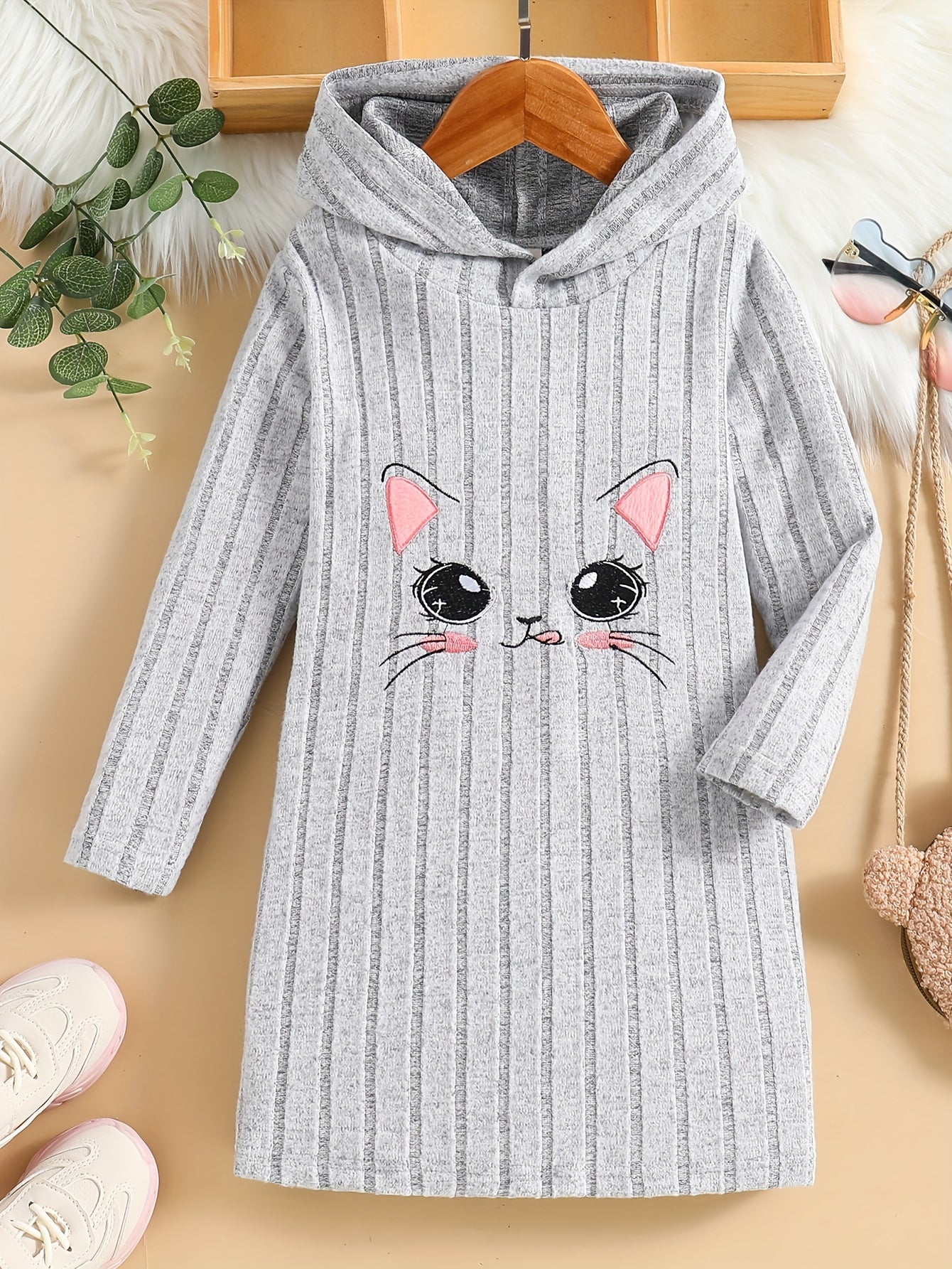 Girls Cat Pattern Knitted Long Sleeve Hooded Dress For Spring Fall Outdoor Activities