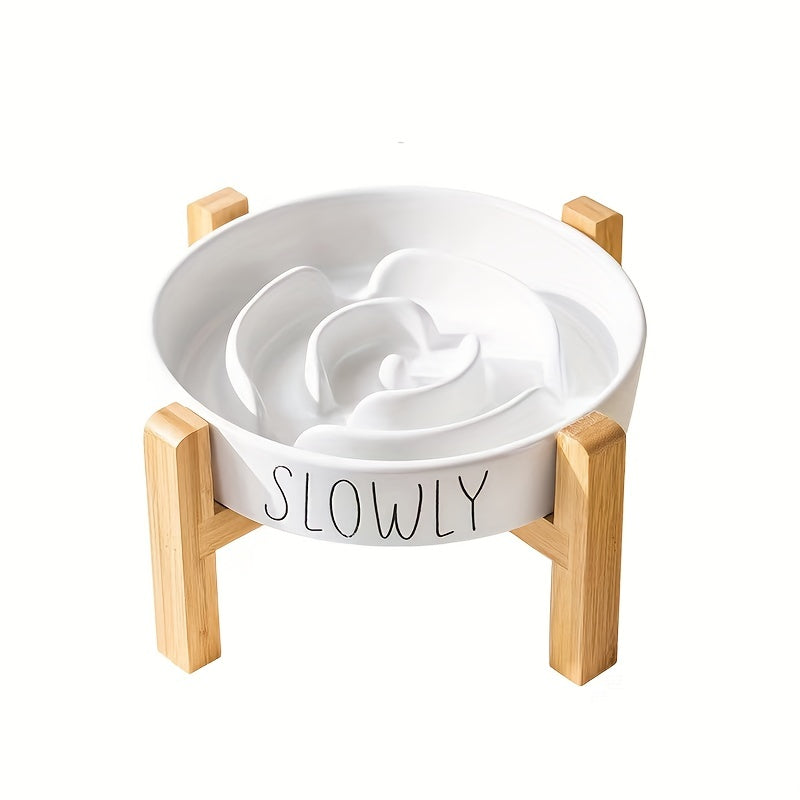 Elevated Cat Bowl, Ceramic Slow Feeder Cat Puzzle Food Bowl Water Bowl With Wooden Stand, Anti-choking Raised Dog Cat Basin To Slow Down Eating