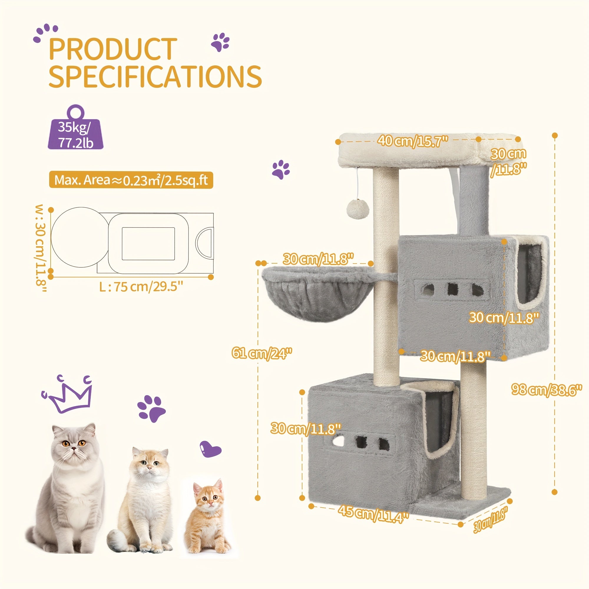 Hzuaneri 98cm Cat Scratching Post, Cat Tree, Kitten Scratching Post, Multi-layer Cat Scratching Post with Perches, Cat House Furniture with 2 Caves, Hemp Cat Scratching Post, Hammock, Cave, Dark Gray/Light Gray