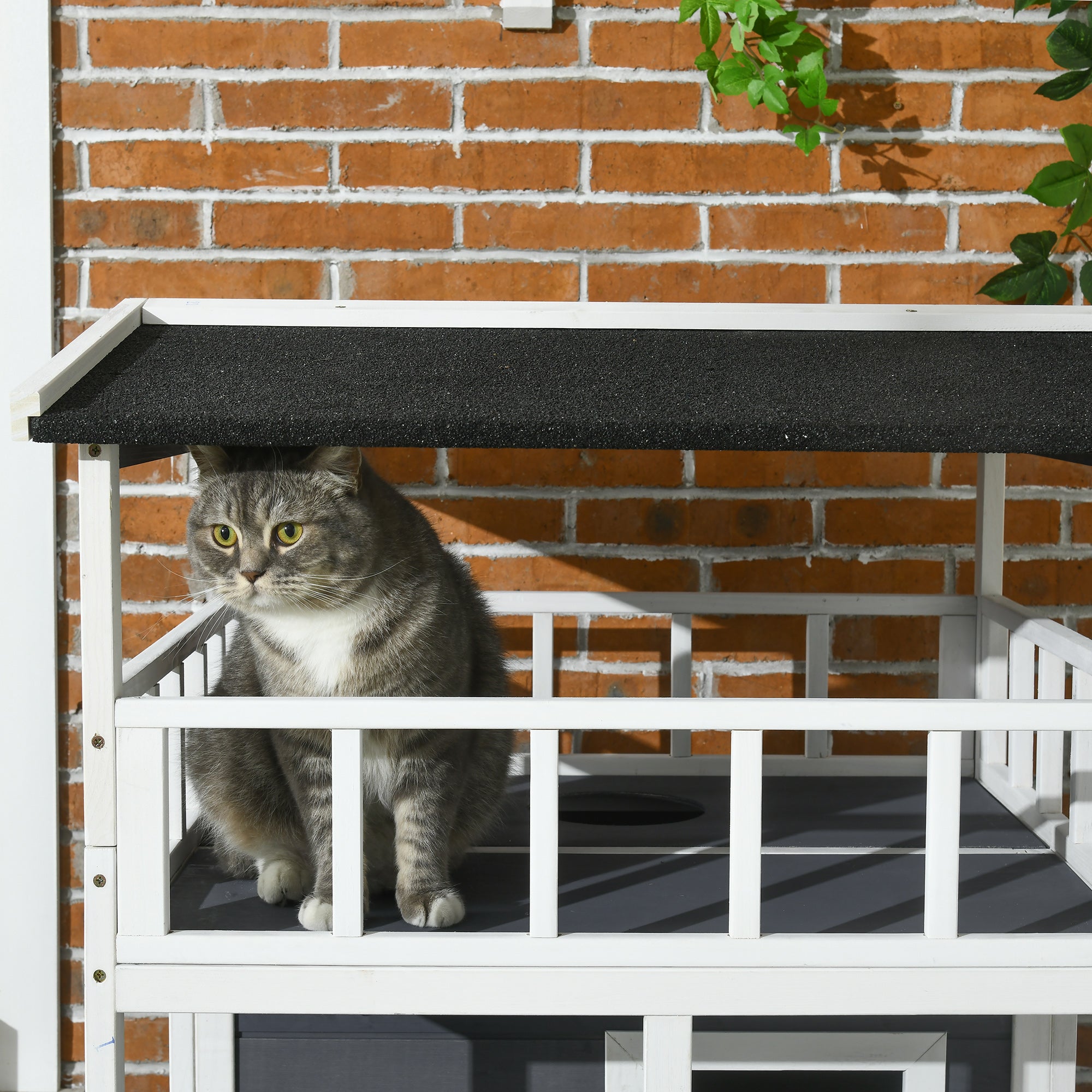Wooden Outdoor Cat House 3-Tier for Winter Kitten Shelter Lodge w/ Tilted Roof Terrace Jump Step Bottom Tray Elevated Base Waterproof Paint