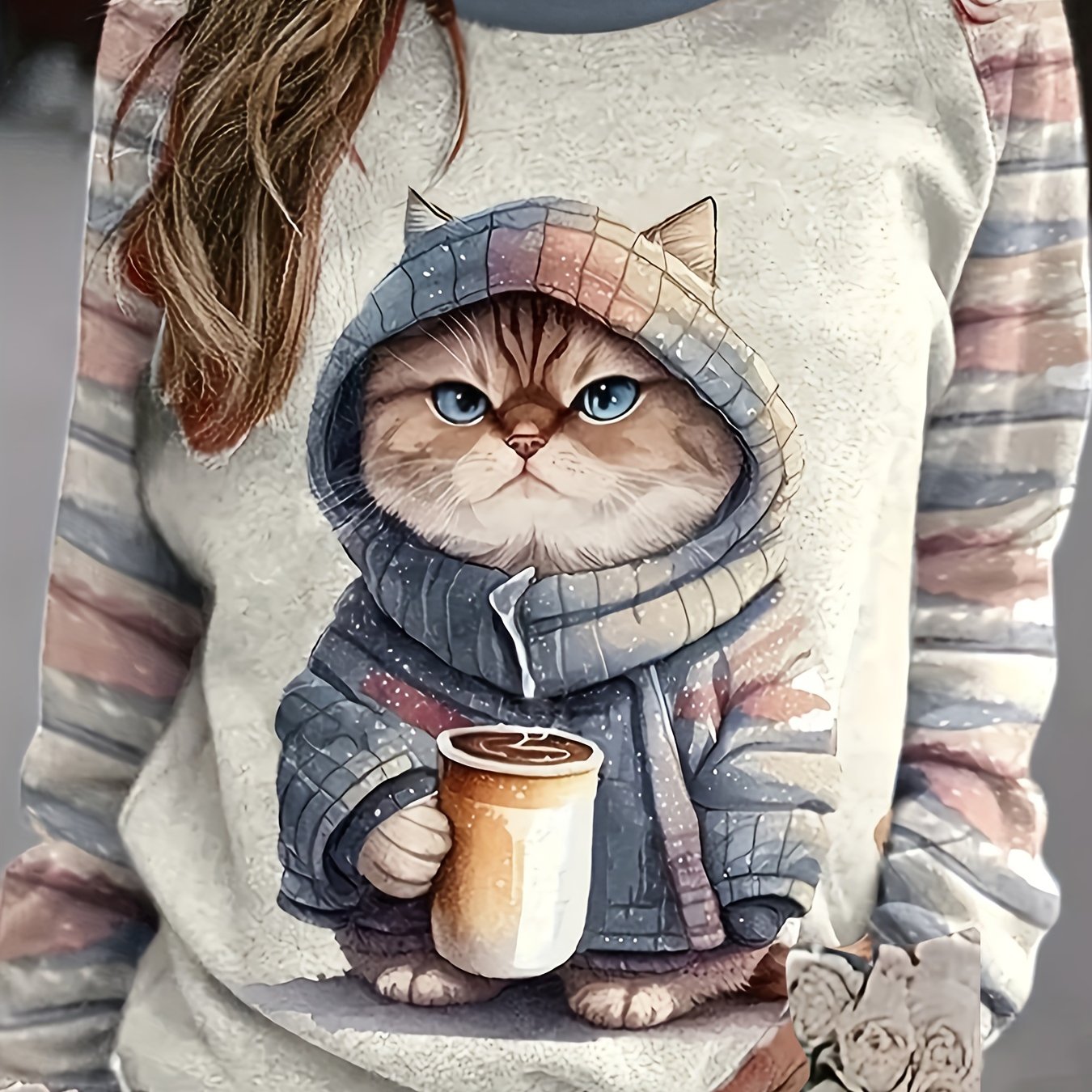 Plus Size Casual Sweatshirt, Women's Plus Colorblock Cat Print Long Sleeve Round Neck Sweatshirt