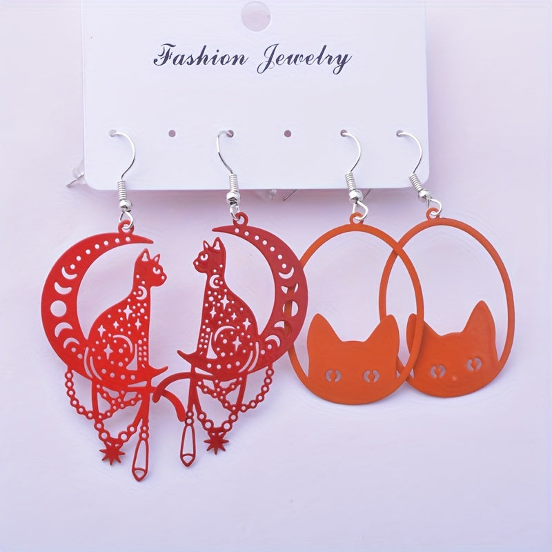 2 Pairs/Set Whimsical Black Cat Moon Hanging Pendant Earrings - Fashionable Golden Color Drop Earrings Jewelry with Lovely Animal Design - Ideal Gift Choice for Girls and Cat Lovers