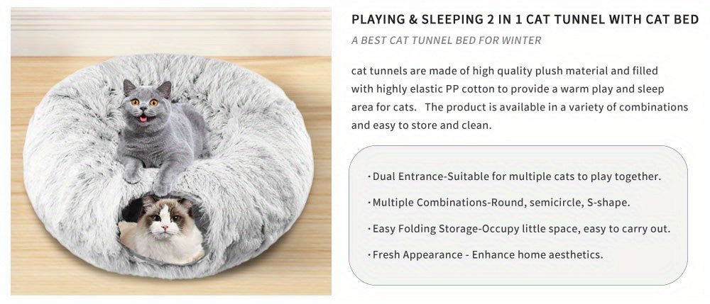 Plush 2in1 Cat Tunnel Bed | Winter Warm Donut-Style Cozy Nest with Enclosed Hideaway, Peekaboo Hole & Hanging Pom Pom Toy, Extra Thick Soft Pet Bed for Anxiety Relief and Deep Sleep, Non Slip Bottom, Perfect for Multi Cat Pla