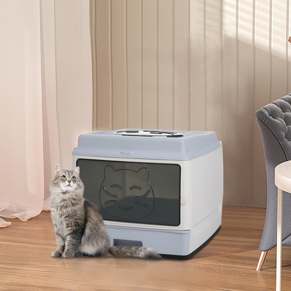 Kitten Litter Tray with Cat Hair Brush Storage Design, Cat Litter Box, Hooded Cat Litter Tray with Lid, Cat Litter Box with Drawer Pan and Scoop, L51×W39×H38cm, Grey
