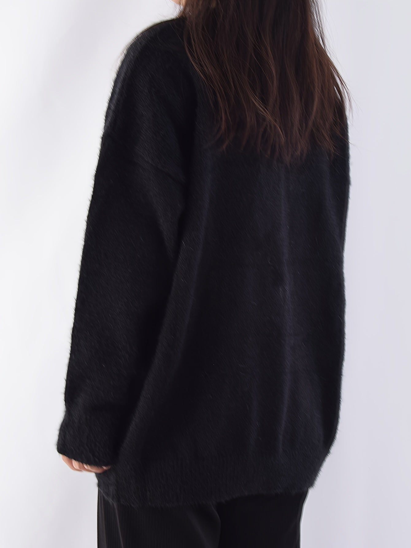 Cute Cat Pattern Plush Pullover Sweater, Casual Long Sleeve Loose Cozy Sweater, Women's Clothing