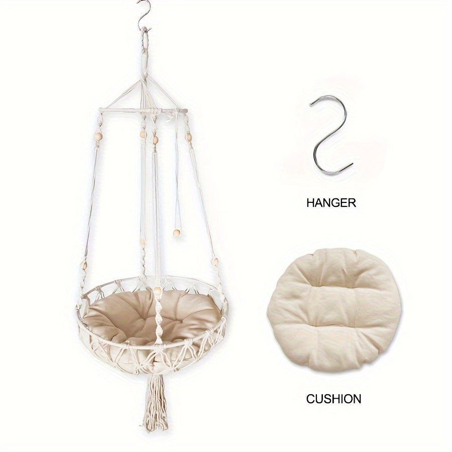 [Elegant Cat Hammock Basket] Handmade Woven Cat Hammock Basket - 1pc Soft All-Season Pet Swing with Checkered Cushion, Light Beige-Friendly Design, Easy Assembly for Indoor/Outdoor Use, Perfect Halloween Gift for Cats & Small