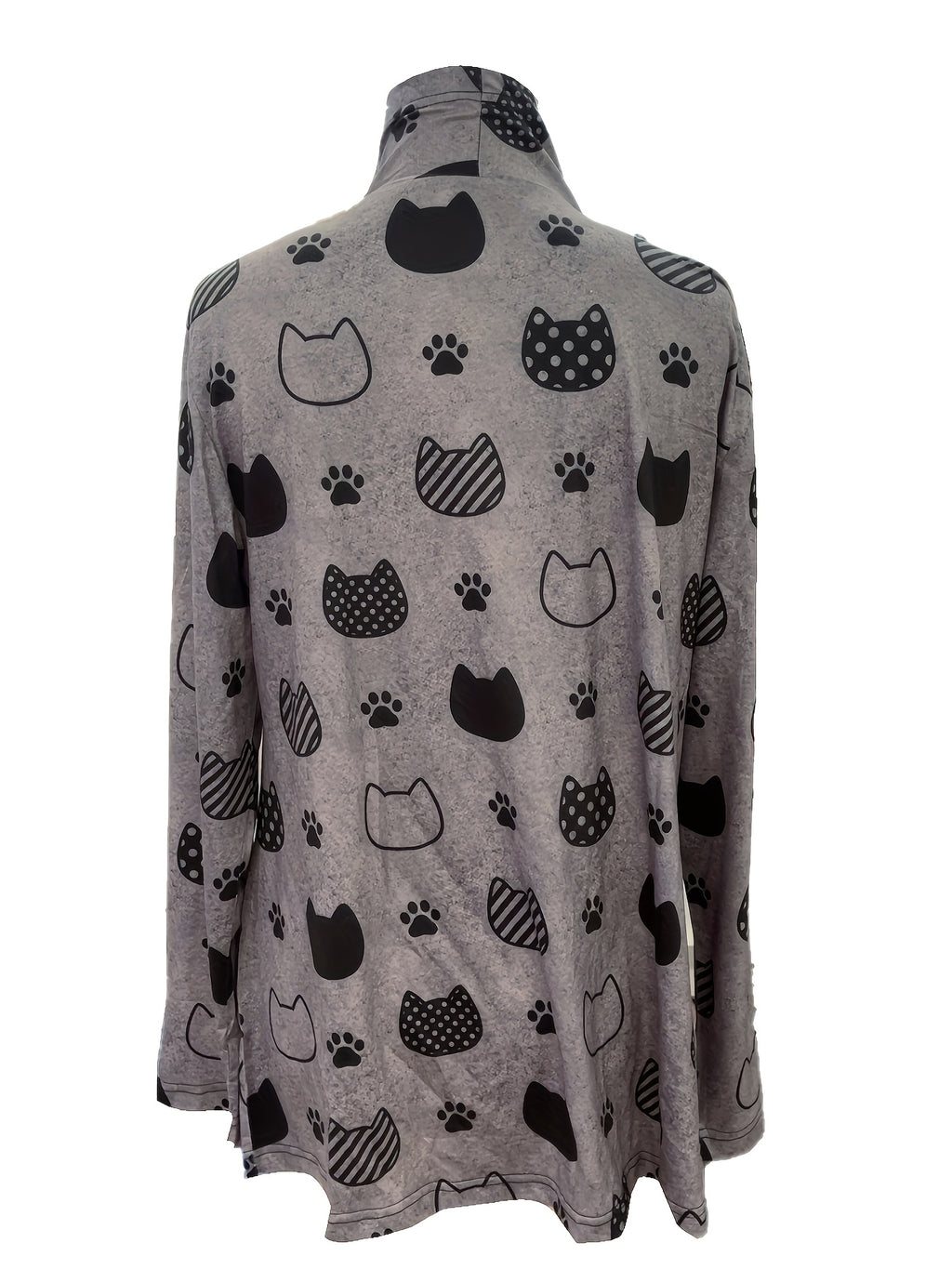 Cute Cat Print Open Front Cardigan, Casual Long Sleeve Outerwear, Women's Clothing