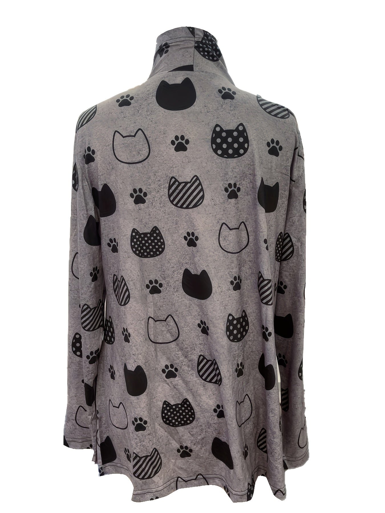Cute Cat Print Open Front Cardigan, Casual Long Sleeve Outerwear, Women's Clothing
