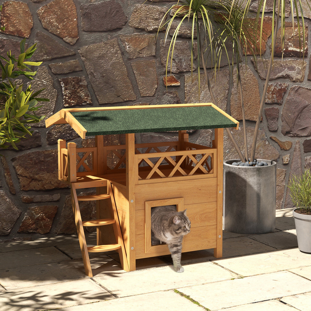 Outdoor Cat House Kitten Shelter Puppy Kennel with Balcony Stairs Asphalt Roof, 77 x 50 x 73 cm