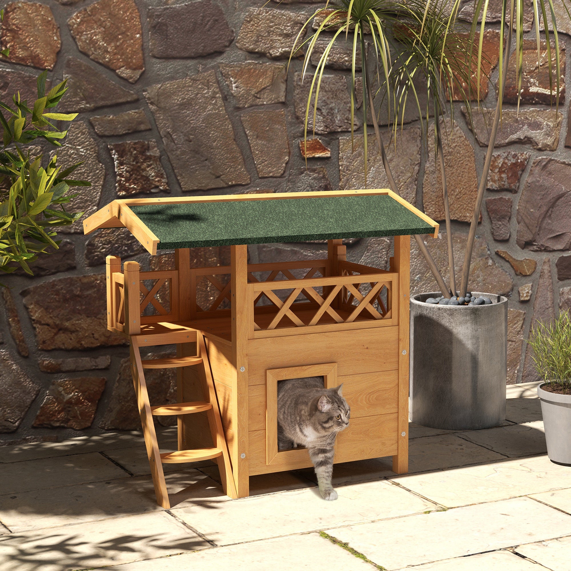 Outdoor Cat House Kitten Shelter Puppy Kennel with Balcony Stairs Asphalt Roof, 77 x 50 x 73 cm