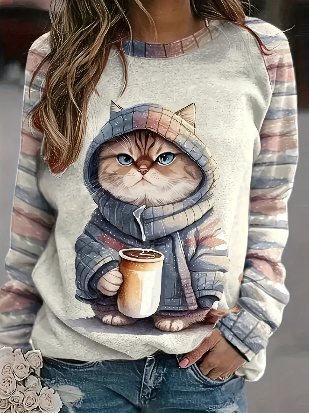 Kitten Print Crew Neck Sweatshirt, Casual Long Sleeve Drop Shoulder Sweatshirt, Women's Clothing