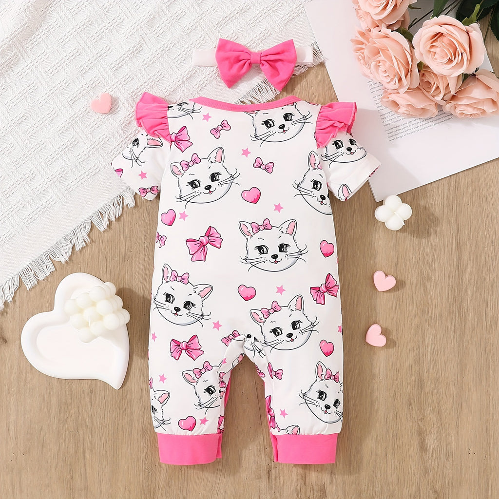 Newborn Baby Girls Cute Cartoon Cat Print Short-sleeved Comfortable Jumpsuit With Bow Headband Baby Summer Clothing