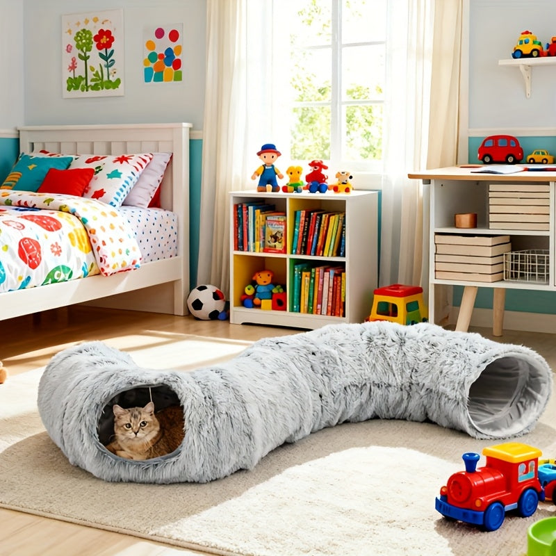 Plush 2in1 Cat Tunnel Bed | Winter Warm Donut-Style Cozy Nest with Enclosed Hideaway, Peekaboo Hole & Hanging Pom Pom Toy, Extra Thick Soft Pet Bed for Anxiety Relief and Deep Sleep, Non Slip Bottom, Perfect for Multi Cat Pla