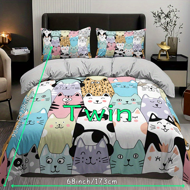 3pcs Fashion Duvet Cover Set, Cute Cartoon Cat Print Bedding Set, Soft Comfortable Breathable Duvet Cover, For Bedroom Guest Room Decor (1*Duvet Cover + 2*Pillowcase, Without Core)