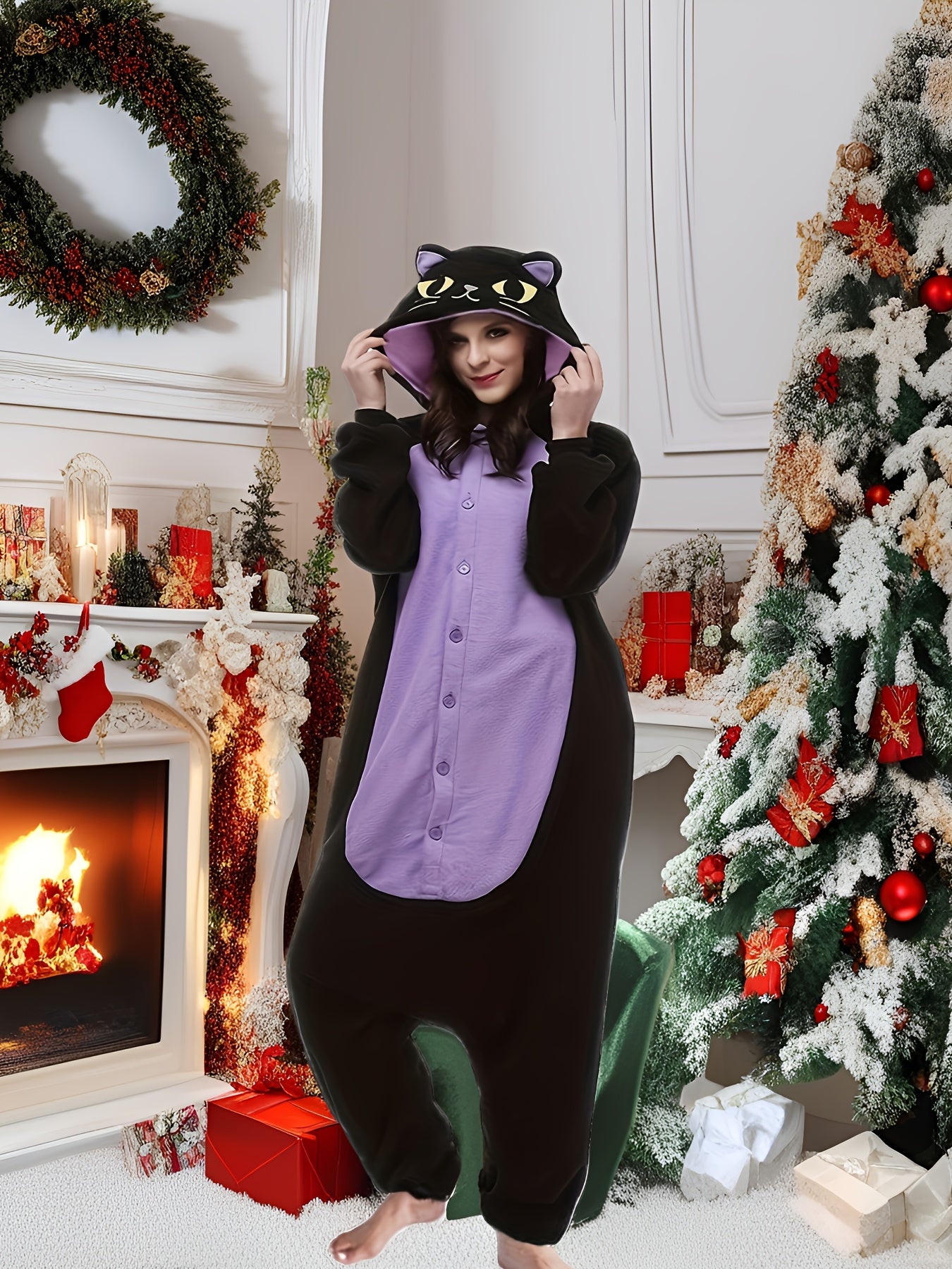Adult Fleece Christmas Onesie, Long Sleeve Cat Romper with Crew Neck and Button Details, 100% Polyester Knit Fabric, Solid Color Party Costume for Men and Women, Winter Season