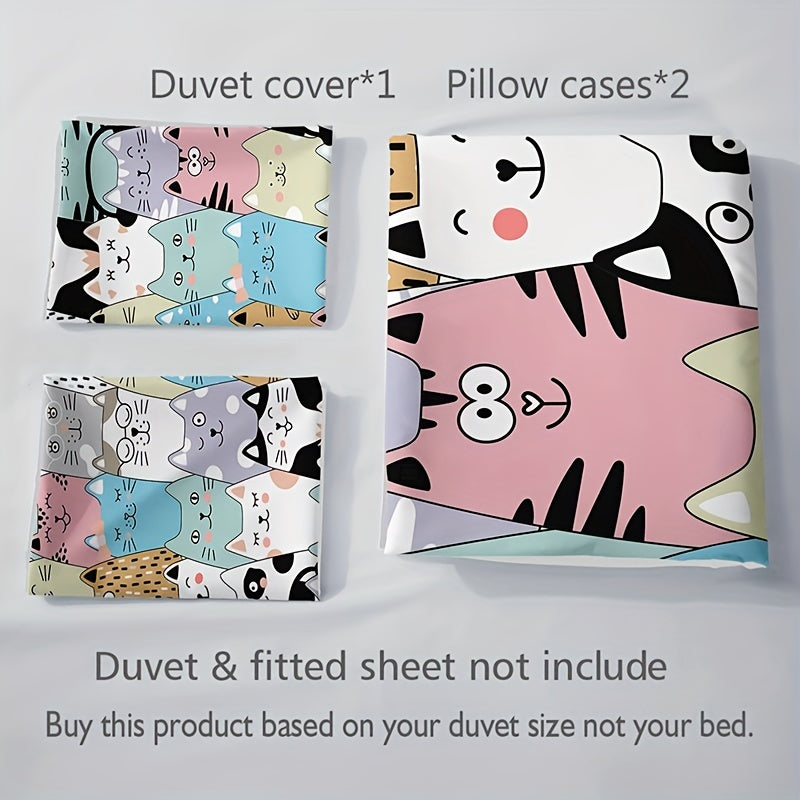 3pcs Fashion Duvet Cover Set, Cute Cartoon Cat Print Bedding Set, Soft Comfortable Breathable Duvet Cover, For Bedroom Guest Room Decor (1*Duvet Cover + 2*Pillowcase, Without Core)